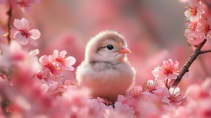   A tiny bird rested atop a blooming tree's pink branch, against a soft pink sky