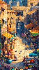 Fototapeta premium A vibrant depiction of an ancient marketplace filled with colorful stalls and goods
