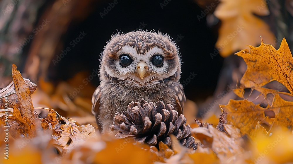 Sticker   An owl perched atop a mound of leaves, adjacent to a heap of pine cones and cones