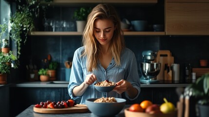 Fit woman enjoys wholesome muesli with fruit in modern kitchen