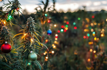 Cannabis plant decorated with colorful Christmas lights and ornaments.  Copy space 