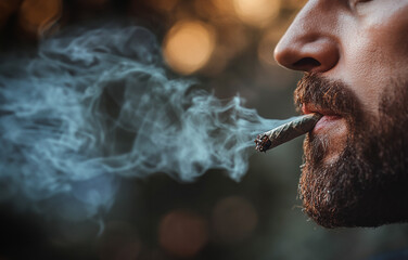 Close up of a man smoking a marijuana cigarette with smoke coming out of his mouth.  Room for text 