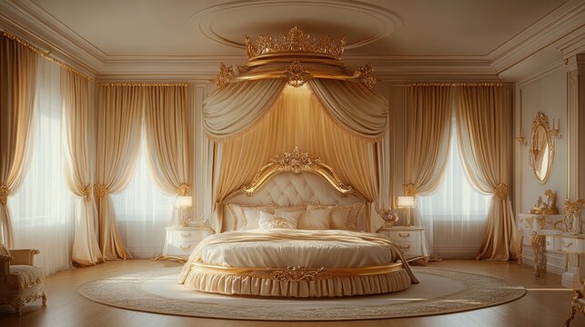 luxurious childs bedroom concept princess bed with flowing curtains, golden accents, and a majestic crown canopy for a royal retreat