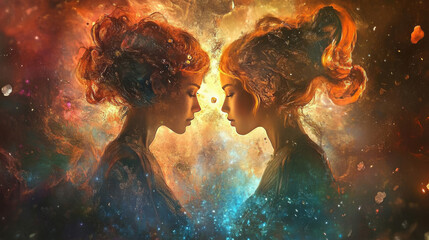 Convey Gemini's duality, curiosity, and lively energy with vibrant compositions, expressive elements, and dynamic designs.