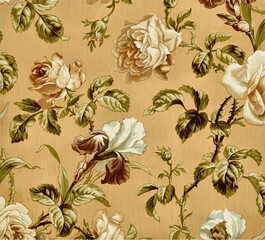 A vintage floral pattern featuring beige and brown roses with green leaves on a light brown background, ideal for textile or wallpaper design.