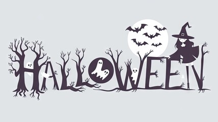 Banner with the text "Halloween" in a spooky font. The text is made of ominous tree branches, bats and ghosts. A pretty witch on a background of the full moon.