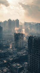A city skyline with buildings damaged by recent explosion, showcasing destruction and despair