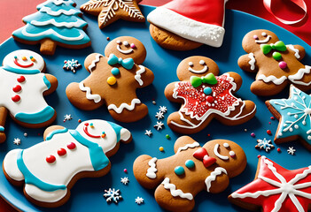 Fototapeta premium Christmas gingerbread cookies decorated with icing and sprinkles, lying on a plate, New Year's cap, Christmas sweets concept.