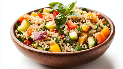 A vibrant and healthy bowl of quinoa salad with fresh vegetables including tomatoes, cucumbers, bell peppers, and leafy greens, garnished with basil leaves.