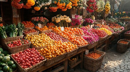   A basketful of various fruits and veggies on a stone floor