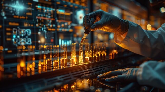 A biotechnologist using a pipette to transfer liquids into test tubes, with molecular structures visible on a digital screen