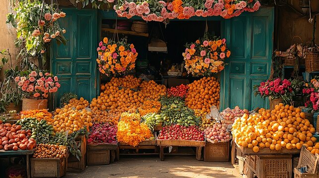   Fruit and vegetable stand with oranges, apples, and other produce outside a green door