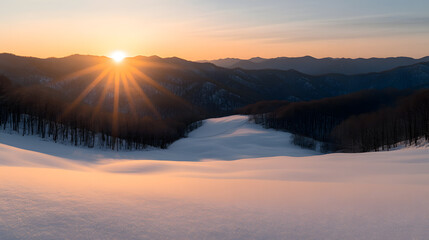 Fototapeta premium Early Morning Sun Casting Golden Glow Over Snow-Capped Mountain, Serene Sunrise and Winter Landscape