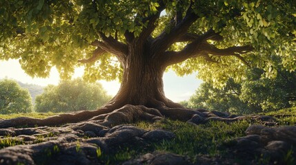 Fototapeta premium Majestic Tree Roots in a Sunlit Forest.