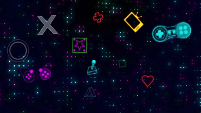 Animation of neon video game items neon moving on black background