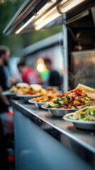 Obraz premium Delicious dishes served from food truck, showcasing vibrant flavors and aromas