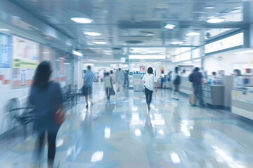 A blurry image of a hospital hallway with people walking and carrying luggage, generative ai image.,