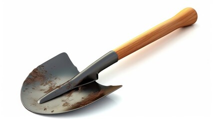 A dirty shovel with a wooden handle isolated on a white background.