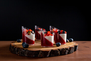 Elegant Dessert Presentation on Rustic Wooden Platter