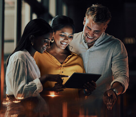 Business people, night and employees with cooperation, tablet and planning for project, deadline...