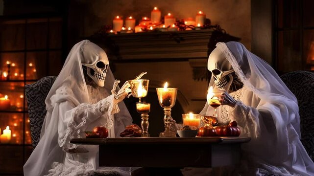 Two skeletons are sitting at a table, enjoying a festive christmas dinner by candlelight. The scene is warm and inviting, despite the spooky guests