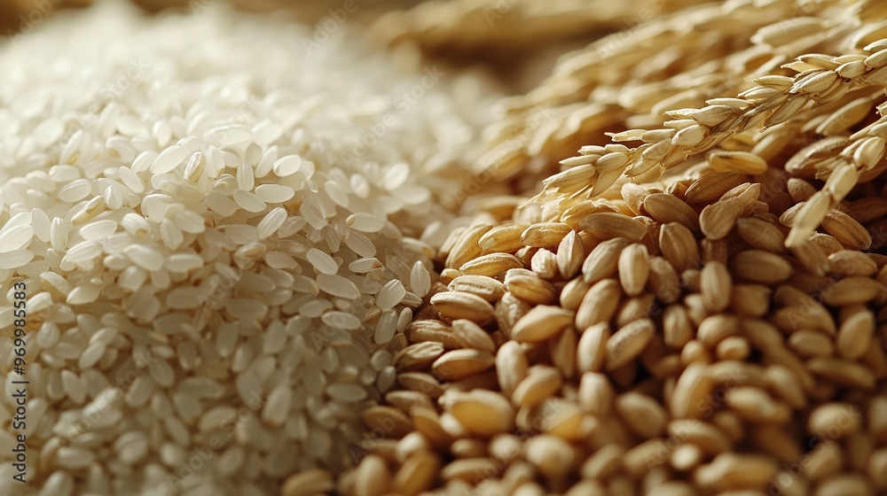 Canvas Prints   A mountain of white and brown rice alongside two piles of mixed rice