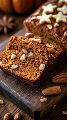 Fototapeta premium Delicious pumpkin bread slice with nuts and spices, perfect for fall!