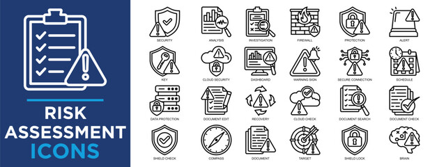 risk assessment, assessment, risk, control, financial, management icon set. Outline icons collection. Simple vector illustration