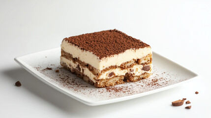 Delectable slice of tiramisu cake on a white plate, elegantly dusted with cocoa powder, on a clean white background.
