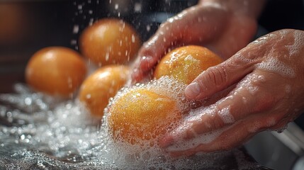 Fototapeta premium Closeup of Hand Washing Oranges in Soapy Water