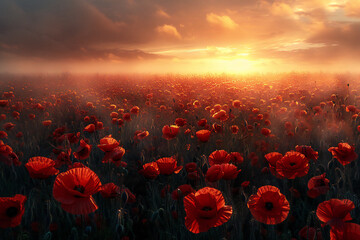 Obraz premium Red Poppies in Morning Mist