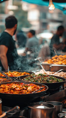 Obraz premium A close up of street vendor selling food in lively market, showcasing delicious dishes