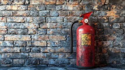 Obraz premium Red Fire Extinguisher Mounted on a Brick Wall Background, Highlighting Safety and Emergency Preparedness in an Industrial Setting