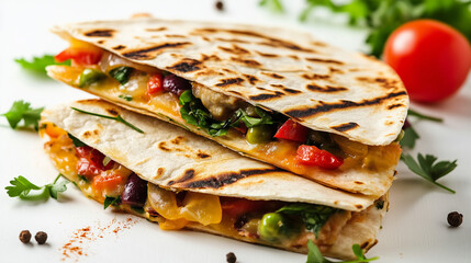 Delicious grilled vegetable quesadilla with melted cheese, served on a white background with fresh herbs and a cherry tomato.