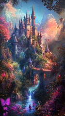Obraz premium A colorful depiction of magical kingdom with castles, enchanting landscapes, and vibrant flora