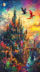 Obraz premium A colorful depiction of magical kingdom with castles and vibrant skies