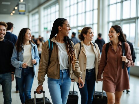 A group of smiling friends are walking through an airport's terminal corridor, each carrying luggage, seemingly ready for a new adventure or journey.