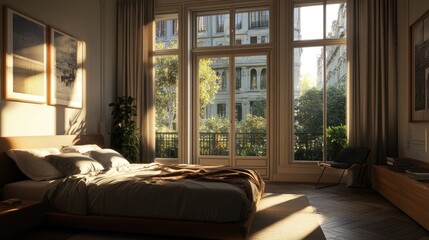 Fototapeta premium Modern bedroom with large windows, bed, and hardwood floors.