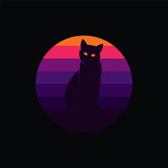 Silhouette of a cat against a retro sunset. Original vector illustration in vintage style.