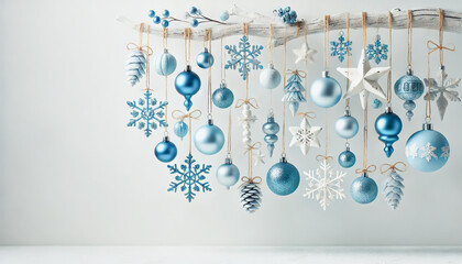 Fototapeta premium Hanging winter decorations featuring blue and white ornaments, snowflakes, and mini houses.