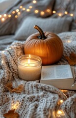 Cozy autumn evening with a pumpkin, candle, and an open book by the window on a warm blanket