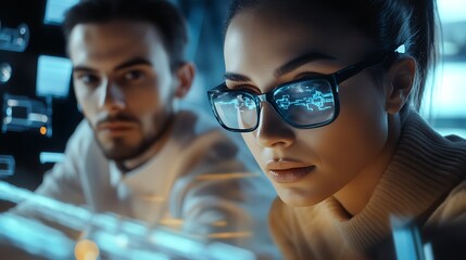 Technologists working on data analysis with futuristic screen and glasses.