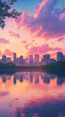 Fototapeta premium A serene depiction of city skyline reflected in calm lake at sunset