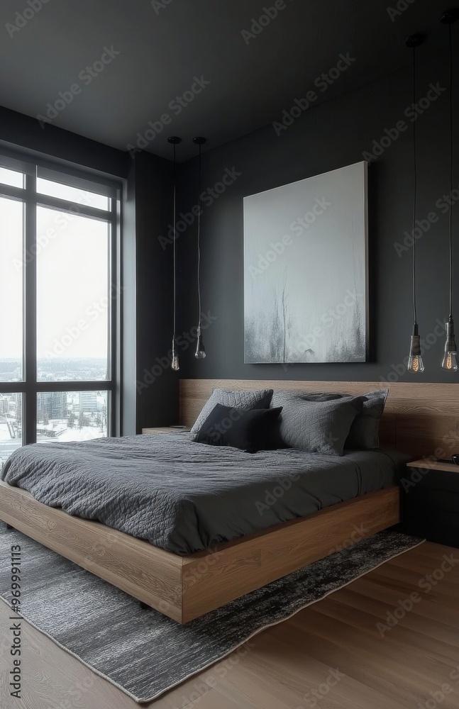 Canvas Prints modern bedroom with large windows showcasing city views and a cozy ambiance