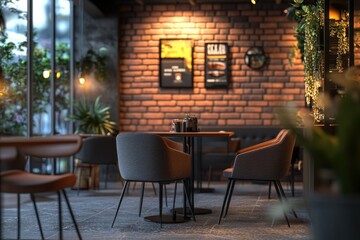 Contemporary Cafe Interior with Modern Furniture and Brick Wall Background