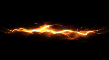 Dynamic lightning bolt frozen in mid-strike isolated on a black background. Weather phenomena isolated on white. Photo realistic photo.

