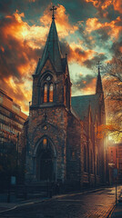 A serene depiction of historic church in heart of city, bathed in warm light