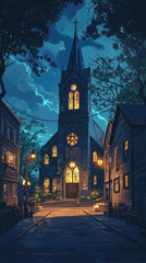 A serene depiction of historic church illuminated at night, surrounded by charming buildings