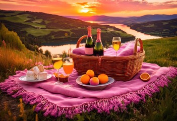Fototapeta premium charming romantic sunset picnic setup amidst breathtaking landscape vibrant colors natural beauty, nature, scenery, view, grass, blanket, food, drink