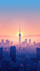 Obraz premium A serene illustration of city skyline at dawn with soft colors
